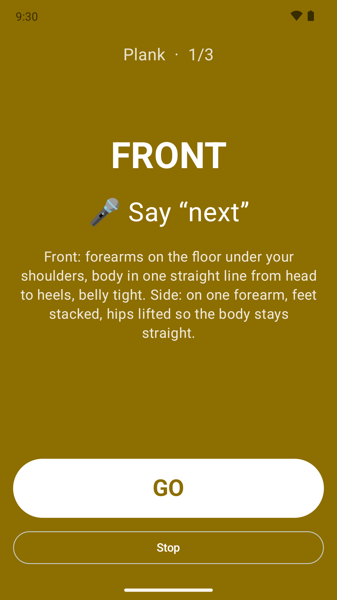 Ready screen: say &ldquo;next&rdquo; to start, with how to do the exercise