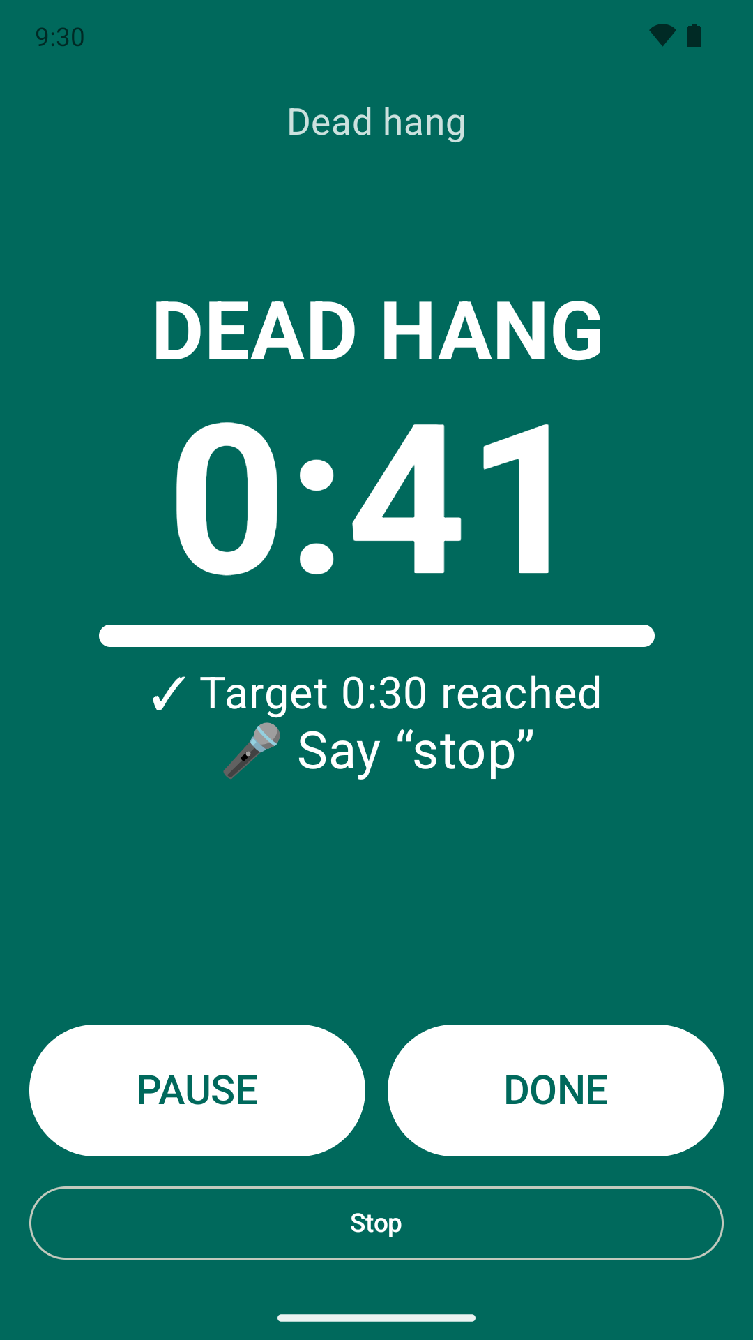 A dead hang past its target time: say &ldquo;stop&rdquo; to finish