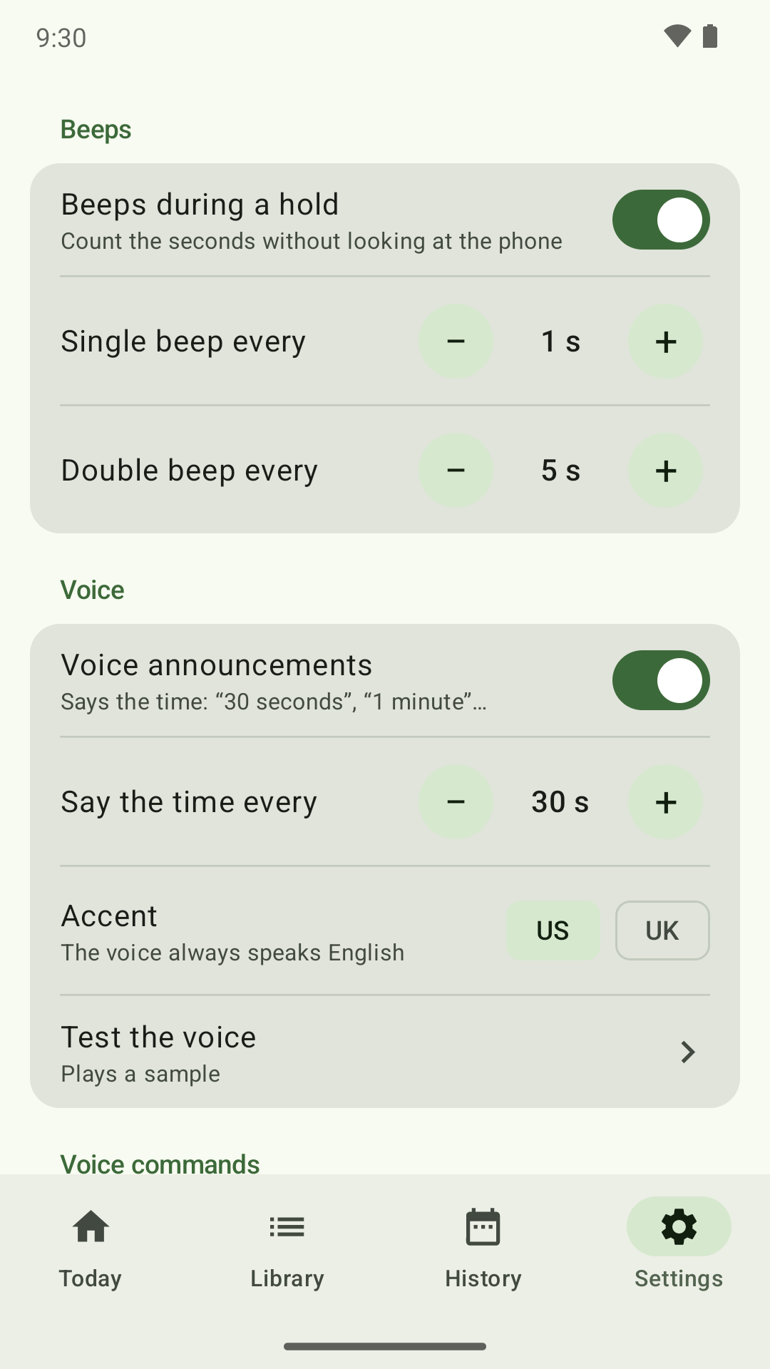 Settings: beeps and voice
