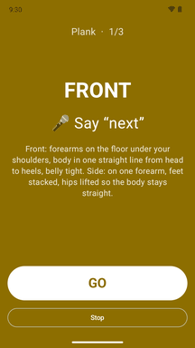 Ready screen: say &ldquo;next&rdquo; to start, with how to do the exercise